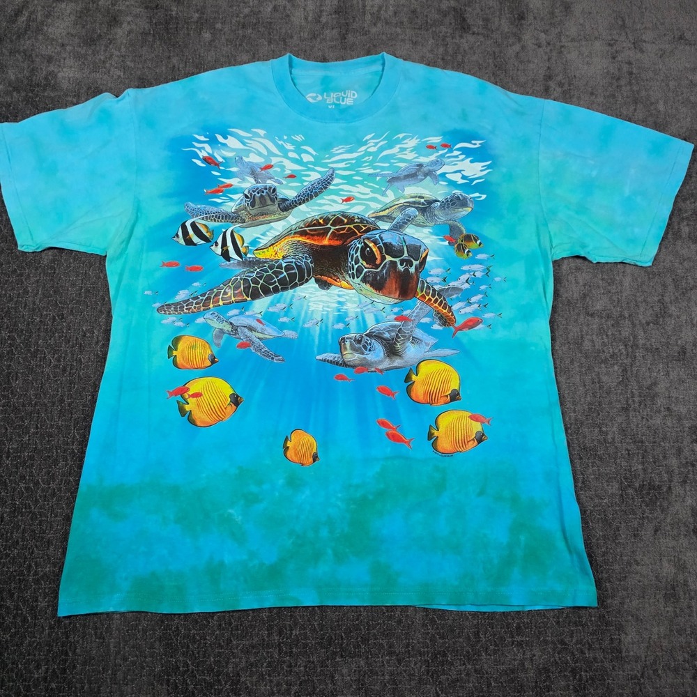 Liquid Blue Sea Turtle Tie Dye Graphic T-Shirt Mens XL Blue Teal Underwater 2015